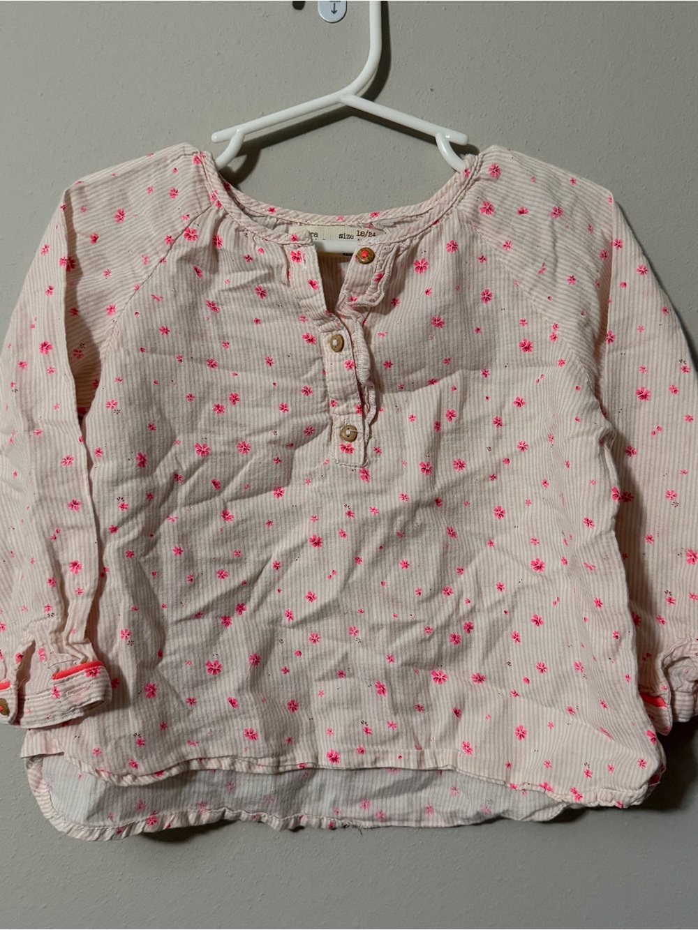 Zara BabyGirl Pink Floral Stripe Peasant Blouse Size 18-24 Months